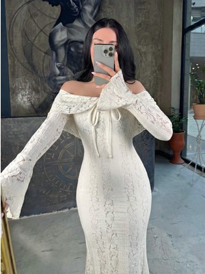 Sofya Madona Yaka Uzun Kol Dantel Midi Boy Elbise Beyaz