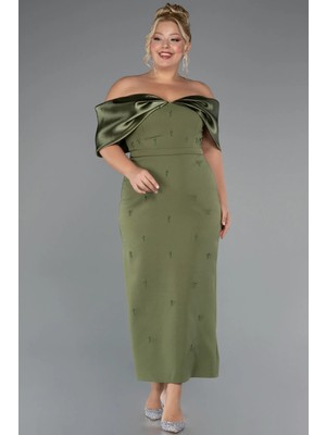 Kayık Yaka Taşlı Midi Büyük Beden Davet Elbisesi ABK2379