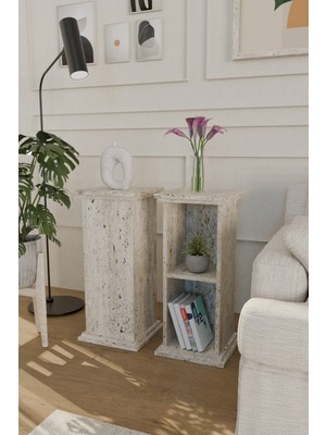 Estoria Home Terra Traverten Desen Artemis Sütun Yan Sehpa Kitaplık Modern Yan Sehpa Çok Amaçlı Raflı Sehpa