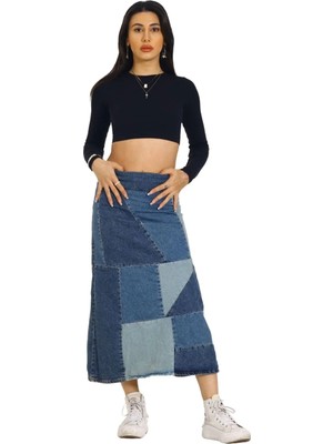 Uslucan Alışveriş Mavi Patchwork Desenli Denim Kot Etek