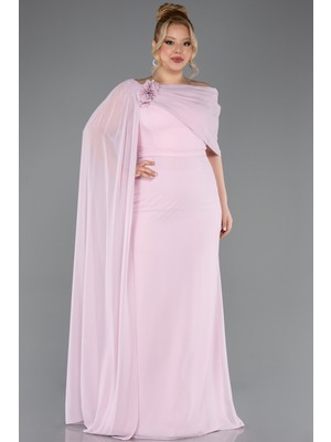 Abiyefon Pelerinli Tek Omuz Uzun Şifon Büyük Beden Abiye ABU5419