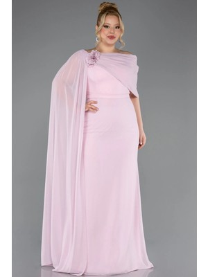 Abiyefon Pelerinli Tek Omuz Uzun Şifon Büyük Beden Abiye ABU5419