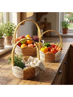 URZ Iç Içe Geçebilen 3’lü Çift Renkli Yuvarlak Dalgalı Formlu Saplı Plastik Rattan Sepet Seti – Hasır Görünümlü Çok Amaçlı Organizerler