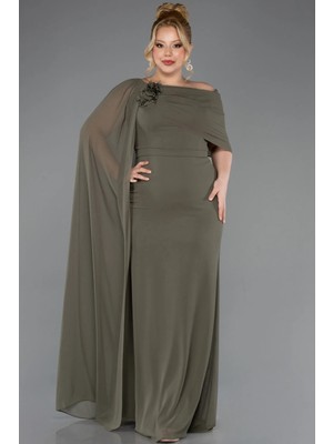 Abiyefon Pelerinli Tek Omuz Uzun Şifon Büyük Beden Abiye ABU5419