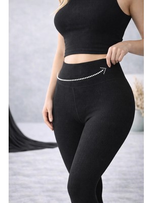 Süsen Lingerie Yüksek Bel Siyah Renk Fitilli Tayt, Kadın Günlük Rahat Tayt, Kadın Spor Giyim