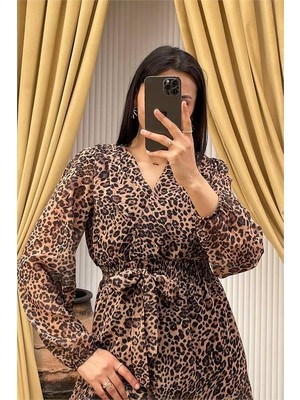 Dip Moda Dipmoda kadın kuşaklı leopar desenli şifon elbise DPMY3709