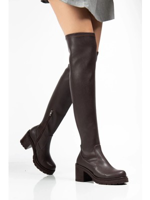767-3010 Kahve Streç Günlük Kalın Topuklu Kadın Çizme