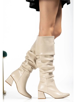 SYT-2002 Bej Kırışık Rugan Körüklü Kalın Topuklu Günlük Bayan Çizme