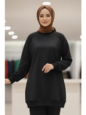 Tesettür Diyarı Scuba Kumaş Ribana Manşet Balon Kol Tesettür Tunik- Siyah