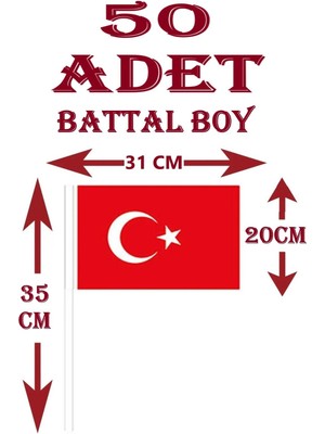 Güzelyüz Avm 50 Adet Battal Boy Çubuklu Kağıt Türk Bayrağı Çıtalı Sopalı Ayyıldız Baskılı Bayrak