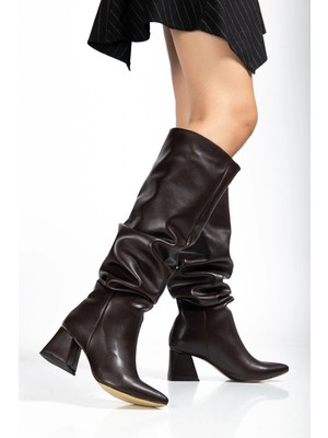 SYT-2002 Kahve Körüklü Kalın Topuklu Günlük Bayan Çizme
