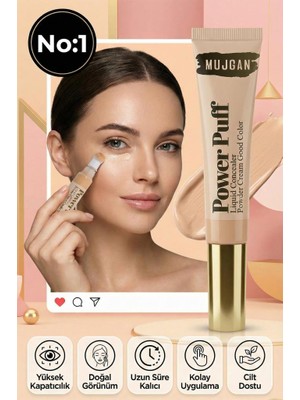 MUJGAN Power Puff Sünger Uçlu Likit Kapatıcı– Yüksek Kapatıcılık, Doğal Görünüm No:1