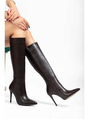 LS-226 Kahve Cilt Fermuarlı Lastikli Ince Yüksek Topuklu Kadın Çizme