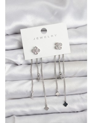 Eco Lounge Pirinç Gümüş Renk Yonca Model Sallantılı Kadın Küpe