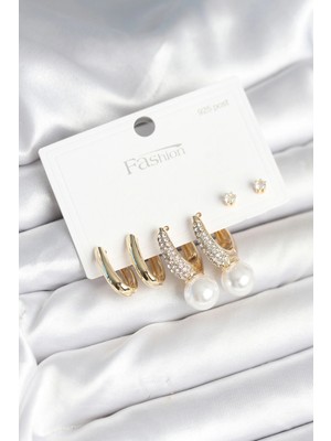 Eco Lounge Pirinç Gold Renk Zirkon Taşlı Inci Detaylı 925 Ayar Gümüş Çivili Kadın Küpe Seti