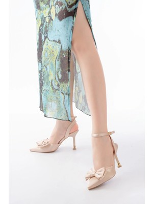 İNF-4505 Bej Saten Günlük Arkası Açık Kurdele Detaylı Topuklu Bayan Ayakkabı