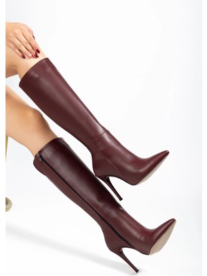 LS-226 Bordo Cilt Fermuarlı Lastikli Ince Yüksek Topuklu Kadın Çizme