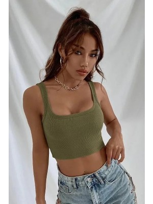 Uslucan Alışveriş Fitilli Kalın Askılı Pamuklu Örme Crop Bej