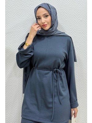 Tesettür Diyarı Modal Kumaş Kuşaklı Tesettür Tunik- Füme Standart (38-44 Uyumlu)