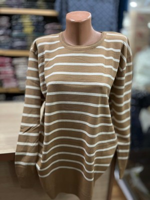 TCR Kadın Triko Yuvarlak Yaka Oversize Çizgili Kazak