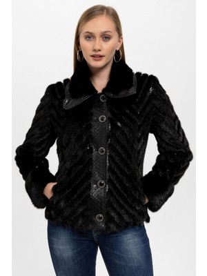 Deriderim Siyah Jilda Düğmel Kürklü Kadın Hakiki Deri Kaban