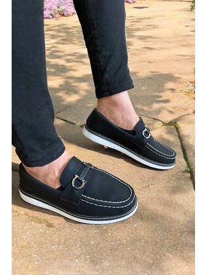 Romex Lacivert Deri Loafer Ayakkabı Metal Tokalı Beyaz Dikiş Detaylı Konforlu Casual Ayakkabı