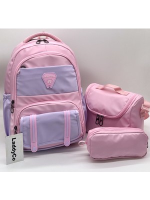 LaddyCo Ilk Okul Çantası 3'lü Set Pembe-Lila Kız Çocuk Ilkokul Çantası 8020
