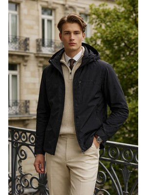 Damga Erkek Çizgili Trend Astarlı Siyah Yağmurluk