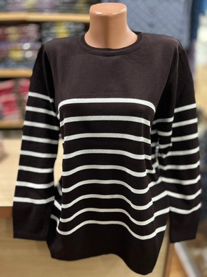 TCR Kadın Triko Oversize Yuvarlak Yaka Çizgili Kazak