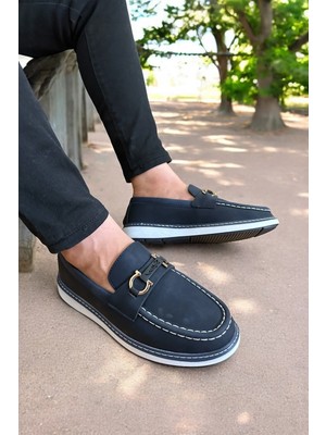 Romex Lacivert Deri Loafer Ayakkabı Metal Tokalı Beyaz Dikiş Detaylı Konforlu Casual Ayakkabı