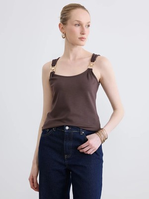 LC Waikiki Kahverengi U Yaka Toka Detaylı Büzgülü Bluz