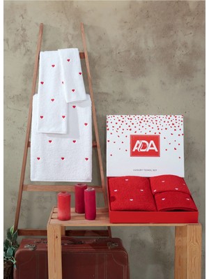 1 Adet 30X50CM 1 Adet 50X90CM 1 Adet 70X140CM 3lü Havlu Seti Kalpli Hamam Takımı (Kırmızı)