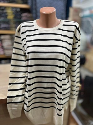 TCR Kadın Triko Yuvarlak Yaka Oversize Çizgili Kazak