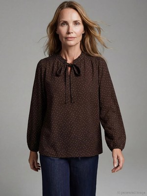 LC Waikiki Kahverengi Bağlamalı Yaka Puantiyeli Bluz