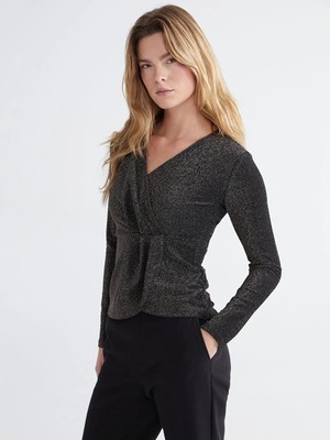 LC Waikiki Karışık Kruvaze Yaka Parlak Görünümlü Büzgülü Bluz