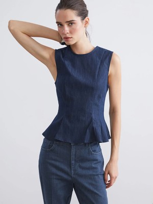 LC Waikiki Indigo Bisiklet Yaka Peplum Jean Bluz