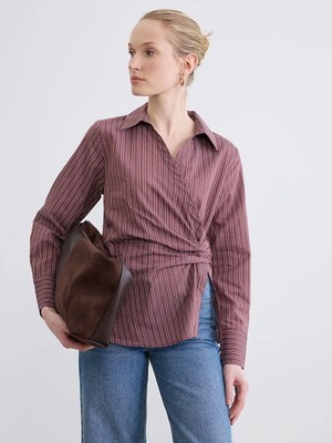 LC Waikiki Bordo Kruvaze Yaka Çizgili Büzgülü Bluz