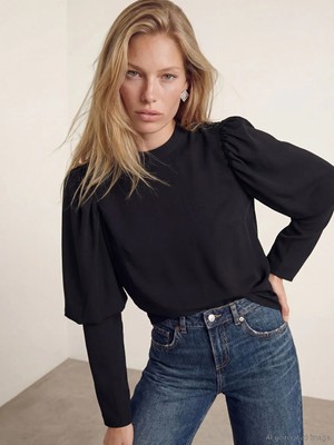 LC Waikiki Siyah Dik Yaka Balon Kollu Saten Bluz