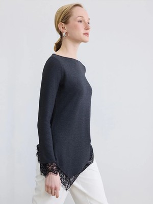 LC Waikiki Antrasit Kayık Yaka Asimetrik Dantel Bluz