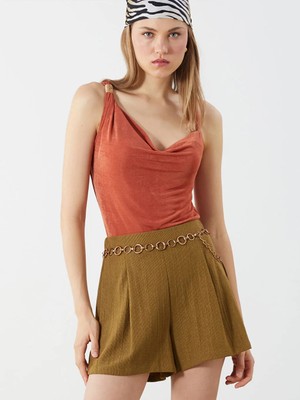 LC Waikiki Kahverengi Dökümlü Yaka Askılı Bluz