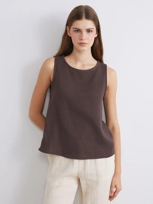 LC Waikiki Kahverengi Bisiklet Yaka Dokulu Müslin Bluz