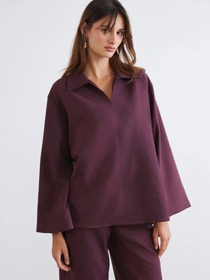 LC Waikiki Bordo Gömlek Yaka Süet Görünümlü Bluz