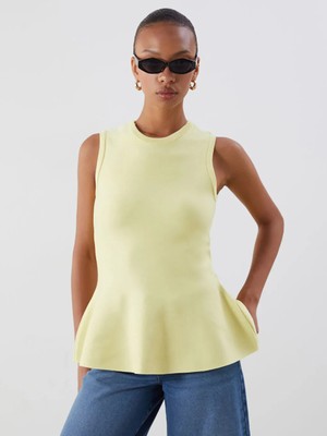 LC Waikiki Sarı Bisiklet Yaka Peplum Triko Bluz