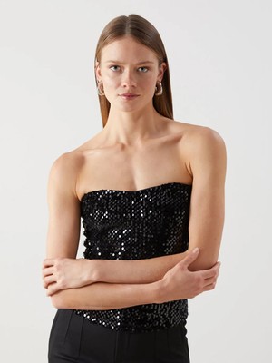 LC Waikiki Siyah Straplez Yaka Payetli Kadın Bluz