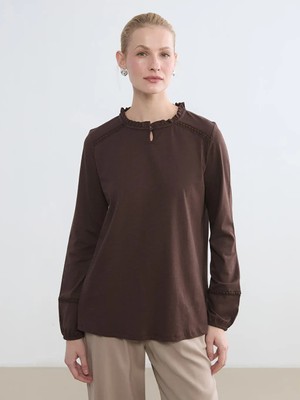 LC Waikiki Kahverengi Bisiklet Yaka Nakışlı Bluz