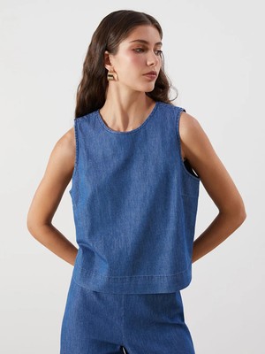 LC Waikiki Indigo Bisiklet Yaka Jean Bluz