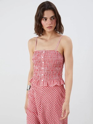 LC Waikiki Kırmızı Kare Yaka Ekose Bluz