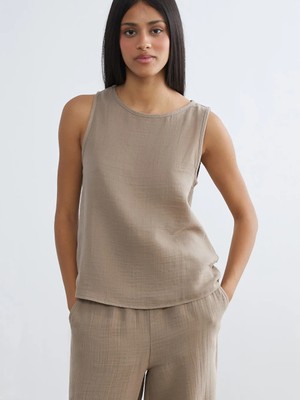 LC Waikiki Kahverengi Bisiklet Yaka Dokulu Müslin Bluz