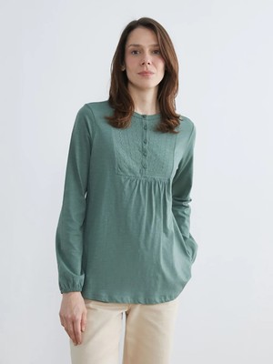 LC Waikiki Yeşil Bisiklet Yaka Nakışlı Bluz