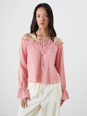 LC Waikiki Pembe Bağlamalı Yaka Dokulu Oversize Müslin Bluz